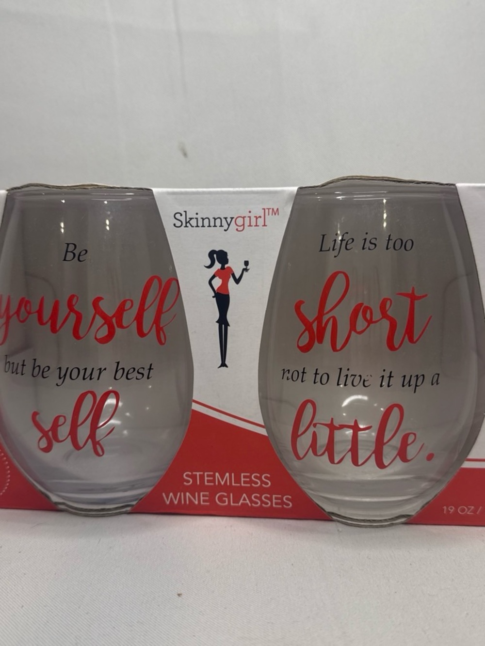 Skinnygirl Gray Stemless Wine Glasses with Red Script